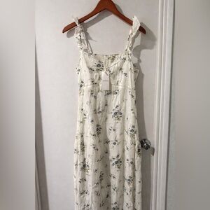 Oysho Floral Midi Dress Cream Blue Ruffle Strap Cottagecore Soft Girl NWT